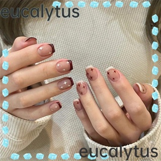 Eucalytus1 เล็บปลอมแฟชั่น ทรงกลม สั้น สีขาว สีน้ําตาล ดาว ถอดออกได้ สําหรับร้านเสริมสวย