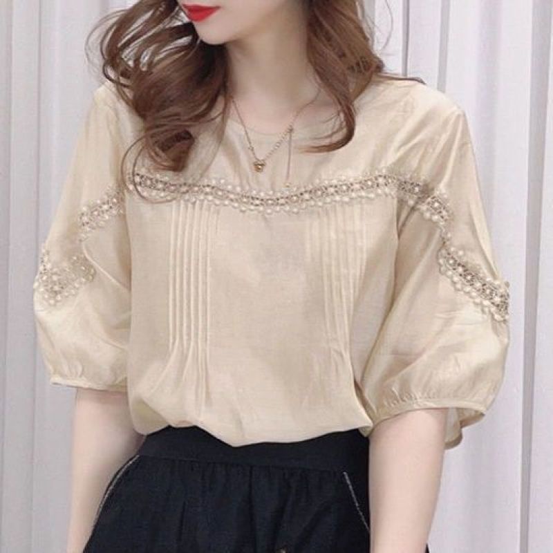 เสื้อเชิ้ตแขนห้าส่วน ผ้าชีฟอง แต่งลูกไม้ สไตล์ฮ่องกง วินเทจ สําหรับผู้หญิง
