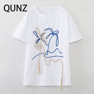 Qunz เสื้อคอกลม พิมพ์ลาย สีตัดกัน แฟชั่น 3450