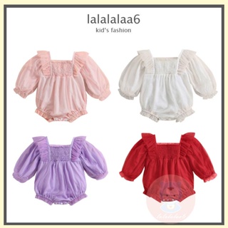 Laa6 ชุดรอมเปอร์ แขนยาว คอสี่เหลี่ยม ผ้าตาข่าย สีพื้น แต่งระบาย สําหรับเด็กผู้หญิง