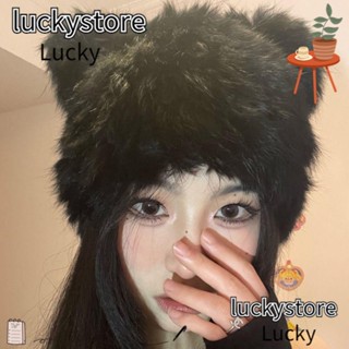 Lucky หมวกผ้ากํามะหยี่ขนนิ่ม แต่งหูหมี กระต่ายน่ารัก ให้ความอบอุ่น สีดํา สําหรับฤดูหนาว