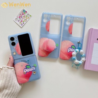 Wenwen เคสโทรศัพท์มือถือ แบบฝาพับ ลายพีช สีฟ้า พร้อมสายโซ่คล้อง สําหรับ OPPO Find N2