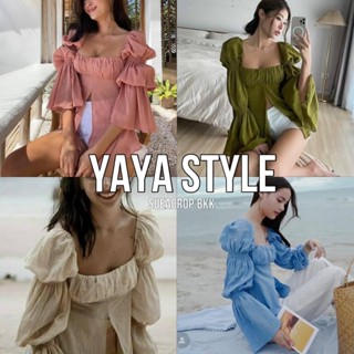 YAYA STYLE" เสื้อปาดไหล่ ผ้าสาลู แขนบอลลูน เสื้อแขนยาว แบบเดียวกับญาญ่า งานดีมากๆ ป้ายVIV