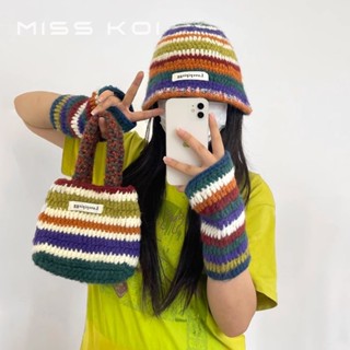 Misskoi [พร้อมส่ง] ins Hyuna หมวกผ้าขนสัตว์ถัก ลายทาง สีรุ้ง แฟชั่นฤดูใบไม้ร่วง ฤดูหนาว สําหรับผู้หญิง