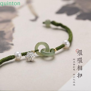 Quinton สร้อยข้อมือหยก เครื่องประดับ ของขวัญ สไตล์จีน ปรับได้ ดอกไม้ พู่กลม ทอมือ เชือก ปิงปอง หัวเข็มขัด ผู้หญิง กําไลข้อมือ