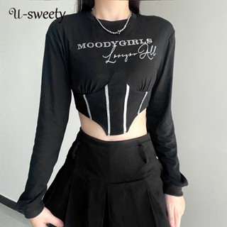 U-sweety เสื้อยืด คอกลม แขนยาว พิมพ์ลายตัวอักษร ประดับเพชร ทรงสลิมฟิต สําหรับผู้หญิง 2023