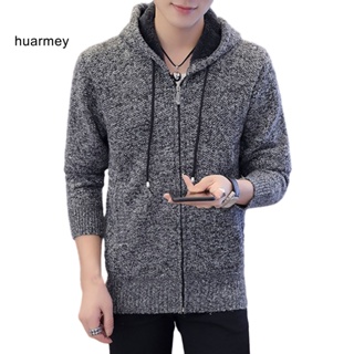 Huarmey เสื้อแจ็กเก็ตกันหนาว มีฮู้ด ผ้าถัก แต่งซิป สีพื้น ให้ความอบอุ่น เหมาะกับฤดูใบไม้ร่วง และฤดูหนาว สําหรับผู้ชาย