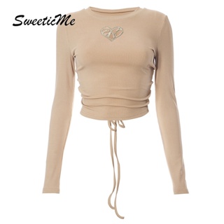 Sweeticme ใหม่ เสื้อยืดลําลอง แขนยาว เปิดหลัง เซ็กซี่ สีพื้น แฟชั่นสําหรับสตรี 2023