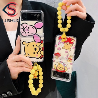 Lushuo เคสโทรศัพท์มือถือ PC ลายการ์ตูนดิสนีย์ วินนี่ เดอะพูห์ พร้อมสายโซ่คล้องมือ สําหรับ Samsung Galaxy Z Flip 3 5G and Z Flip 4 Z Flip3 ZFlip3 ZFlip 3 Z Flip4 ZFlip 4