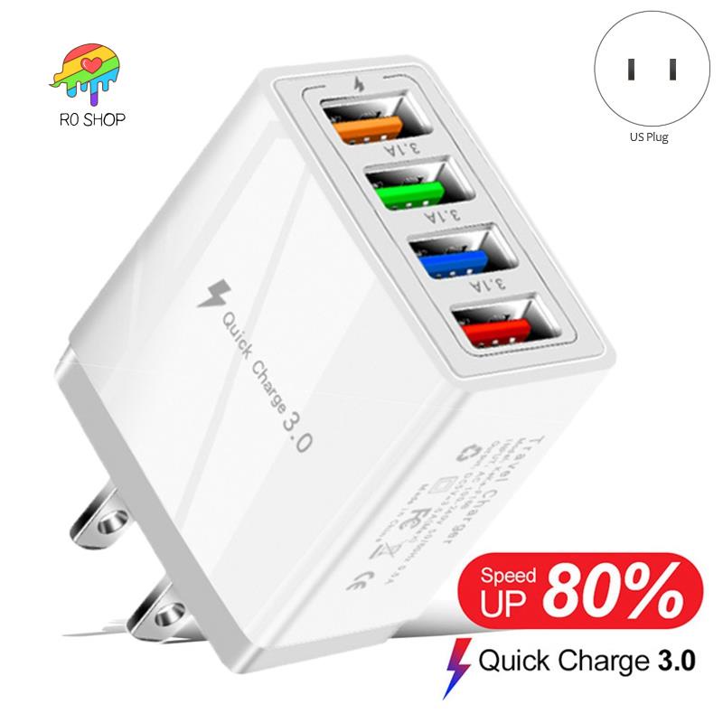 4 USB Fast Charging Adapter,พร้อมเครื่องชาร์จไฟ LED 5V3A Charger Type-C QC3.0 Adapter (ปลั๊ก US)
