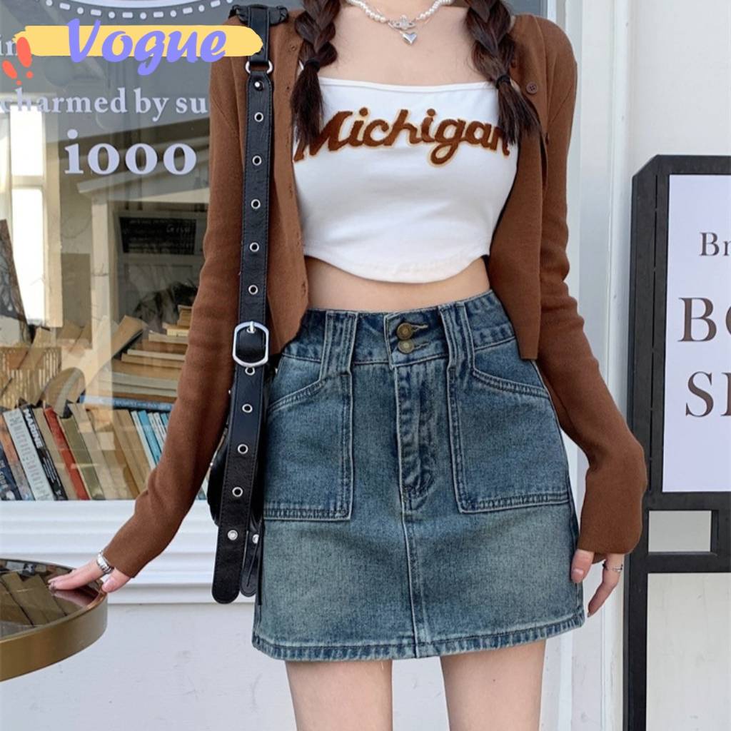 Vogue🌟พร้อมส่ง🌟 กระโปรงกางเกงยีนส์เอวสูง Y2K มาแรงมาก (9144) -NZ -N