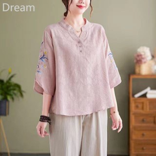 Chinese style womens summer top womens cotton and linen embroidered shirt Chinese linen shirt