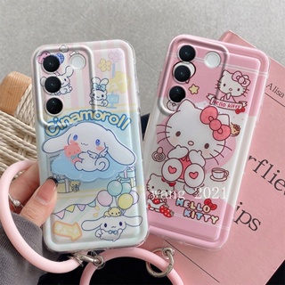 Phone Case เคส VivoV27 VIVO V27e V27 Pro V23 V23e X80 5G 4G Lovely Pink Hellokitty Cartoon Bracket Casing Lens Protection Shockproof Soft Cover with Silicone Bracelet Latest 2023 เคสโทรศัพท