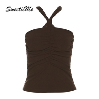 Sweeticme เสื้อกล้าม เปิดหลังเซ็กซี่ สีพื้น แฟชั่นใหม่ สําหรับผู้หญิง 2023