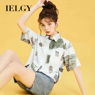 IELGY เสื้อเชิ้ต คอปกโปโล แขนสั้น ผ้าชีฟอง ทรงหลวม พิมพ์ลาย สไตล์ญี่ปุ่นย้อนยุค สําหรับผู้หญิง