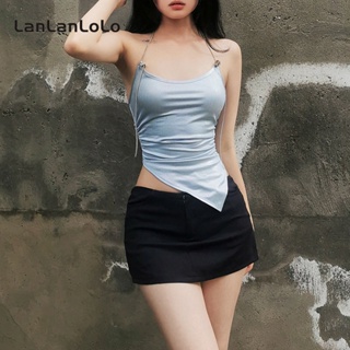 Lanlanlolo เสื้อกล้ามครอป โชว์สะดือ ลําลอง สีพื้น เซ็กซี่ เหมาะกับฤดูร้อน สําหรับผู้หญิง 2023