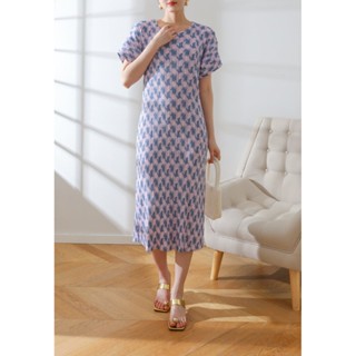 2MUAY PLEAT เดรสผู้หญิง เดรสพลีทคุณภาพ รุ่น GJO3734 7สี FREE SIZE SHORT SLEEVE PRINTED PLEAT DRESS