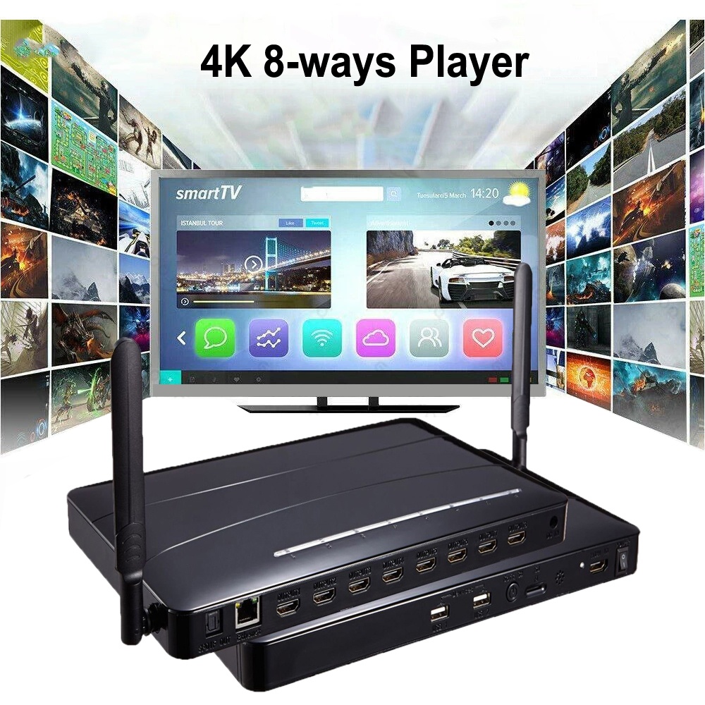 Hd 1080P 4k 8 ทาง HDMI เครื่องเล่นมัลติมีเดีย TF USB แฟลชไดรฟ์ เครื่องเล่นวิดีโอ Android MultiMedia Box HDMI Player สําหรับ TV Stores DVD แล็ปท็อป PC 1 ถึง 8 1 ออก 8 จอแสดงผลหลายหน้าจอ