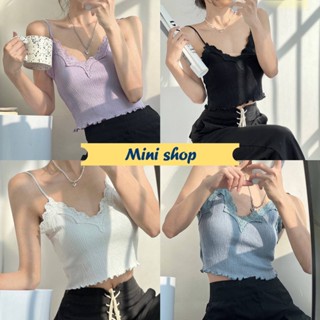 Mini shop🌸พร้อมส่ง🌸 (63048) เสื้อสายเดี่ยวไหมพรม ขอบลูกไม้เซ็กวี่เบาๆ  -C