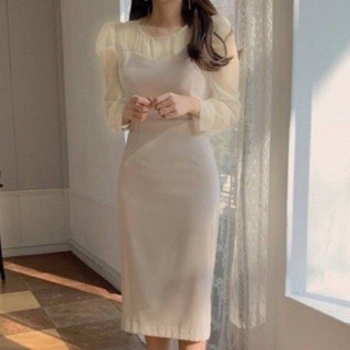 Best Dress พร้อมส่ง ชุดเดรสยาว เดรสสีครีม แขนแก้ว สวยหรู เบาแต่แพง