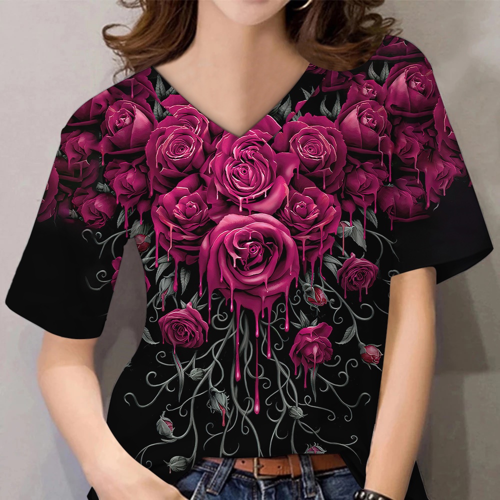 ใหม่ เสื้อยืดแขนสั้น คอวี พิมพ์ลายดอกไม้ 3d แฟชั่นฤดูร้อน สําหรับผู้หญิง Y2k