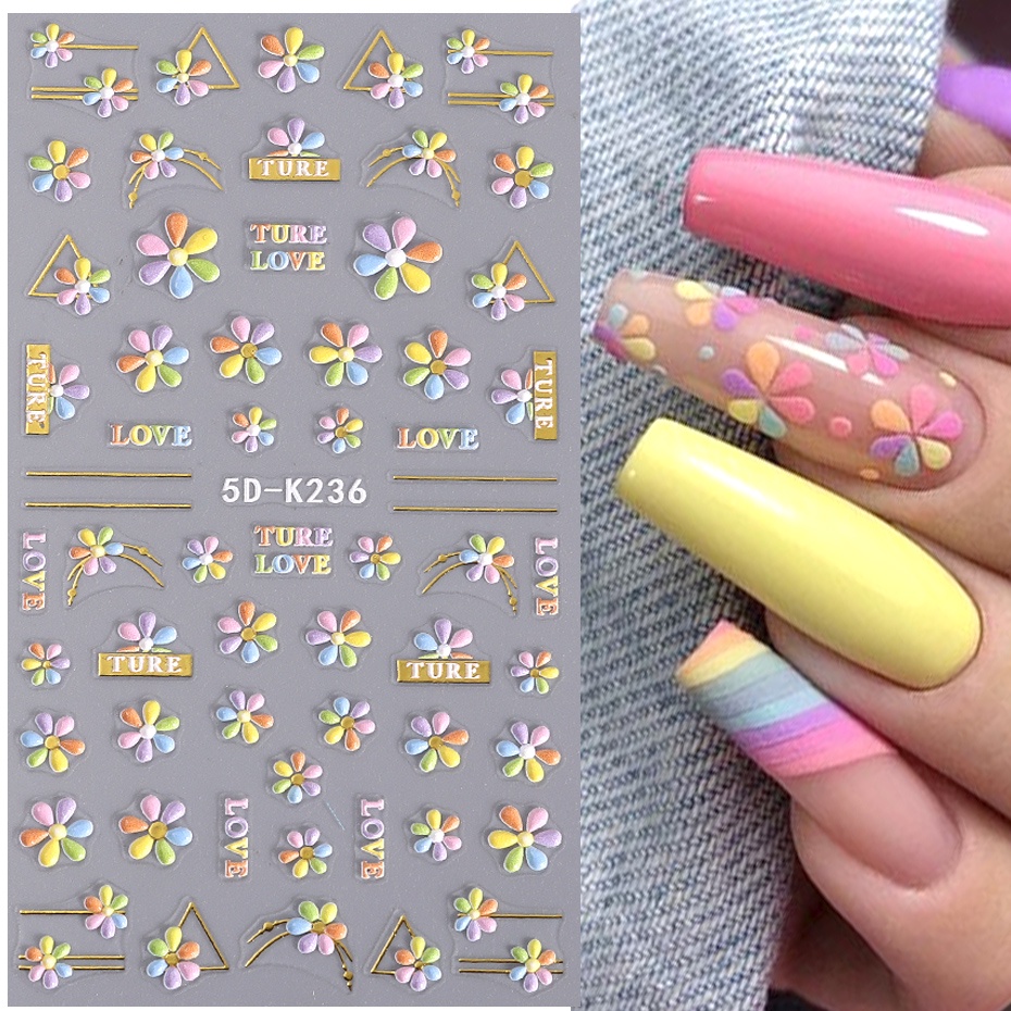สติกเกอร์ตกแต่งเล็บ ลายกลีบดอกเดซี่ หัวใจ เมทัลลิก 5D สีสดใส สําหรับตกแต่งเล็บ งานแต่งงาน