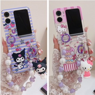 SANRIO เคสโทรศัพท์มือถือแบบใส ฝาพับ ลายการ์ตูน Hello Kitty Kuromi น่ารัก 3D พร้อมสายคล้อง สําหรับ OPPO Find N2 Flip