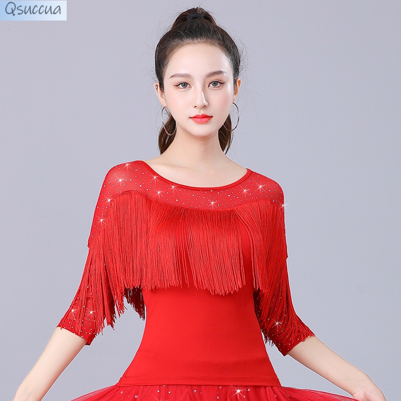Qsuccua สไตล์ใหม่ผู้ใหญ่สุภาพสตรี Latin Ballroom Dance ทรัมเป็ตแขน Top Dance Practice Performance
