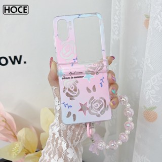 Hoce 3in1 เคสโทรศัพท์มือถือแบบใส ฝาพับ ลายดอกกุหลาบ ดาว พร้อมสายคล้องมือ สีหวาน สําหรับ OPPO Find-n2flip n2flip