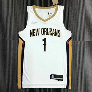 รองเท้าบาสเก็ตบอล NBA Orleans Pelicans สําหรับผู้ชาย #เสื้อกีฬาแขนสั้น ลายทีมชาติสวิงแมน 1 Zion Williamson ครบรอบ 75 ปี ประดับเพชร สีขาว สไตล์เรโทร 142665