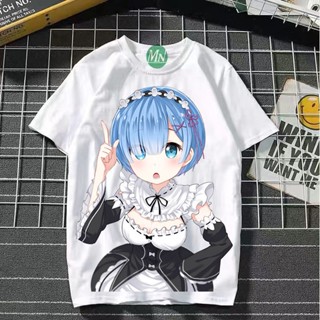 Re:Zero Rem เสื้อยืดสำหรับผู้ชายและผู้หญิงสไตล์เดียวกันผ้าฝ้ายแท้สุดฮอตแฟน ๆ ของอะนิเมะ Rem ต้องมี