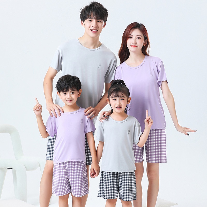 【YAOEENH】ชุดนอนแขนสั้น กางเกงขาสั้น ลายสก๊อต สีพื้น สําหรับแม่ และลูก ขนาด 90-180 ซม.