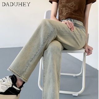 DaDuHey🎈 Ins Korean Style  Womens New Retro Vibe High Street Yellow Mud Straight Elastic Jeans High Waist Slim Casual Fashion Pants