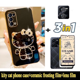 3in1 Realme C53 ฟิล์มกระจกนิรภัย สําหรับ Realme C55 NFC 4G Softcase Smartphone Casing with Lovely Cute Cute KT Mirror Stand Holder Phone Case Back Cover