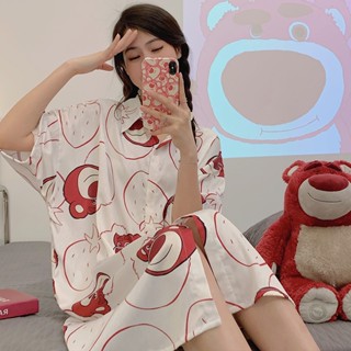 Summer new ice silk nightdress for women Womens Summer Sexy Sweet Strawberry Bear Short Sleeve Pajamas Long Dress