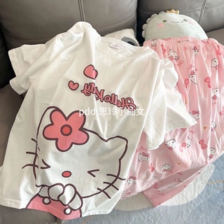 Fds การ์ตูนน่ารัก Hello Kitty ชุดนอนสตรี ฤดูร้อนใหม่ คอกลม แขนสั้น กางเกงขายาว ชุดเหย้าคิตตี้