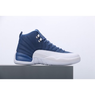 Ecqj Jordan 12 RETRO AJ12 รองเท้าบาสเก็ตบอล ข้อสูง สีขาว ฟ้า 130690-404 รองเท้าผู้ชาย 40-47.5 0KOM