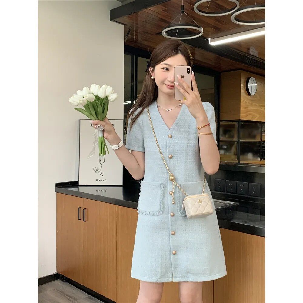มินิเดรส ผ้าทวีด เดรส คอวี แขนสั้น ทรงปล่อย ลุคคุณหนูมากๆ งานจริงสวยมาก