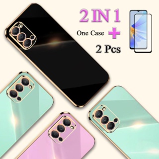 2 IN 1 OPPO Reno 4 เคสชุบขอบทอง พร้อมกระจกนิรภัยกันรอยหน้าจอเซรามิค แบบโค้ง