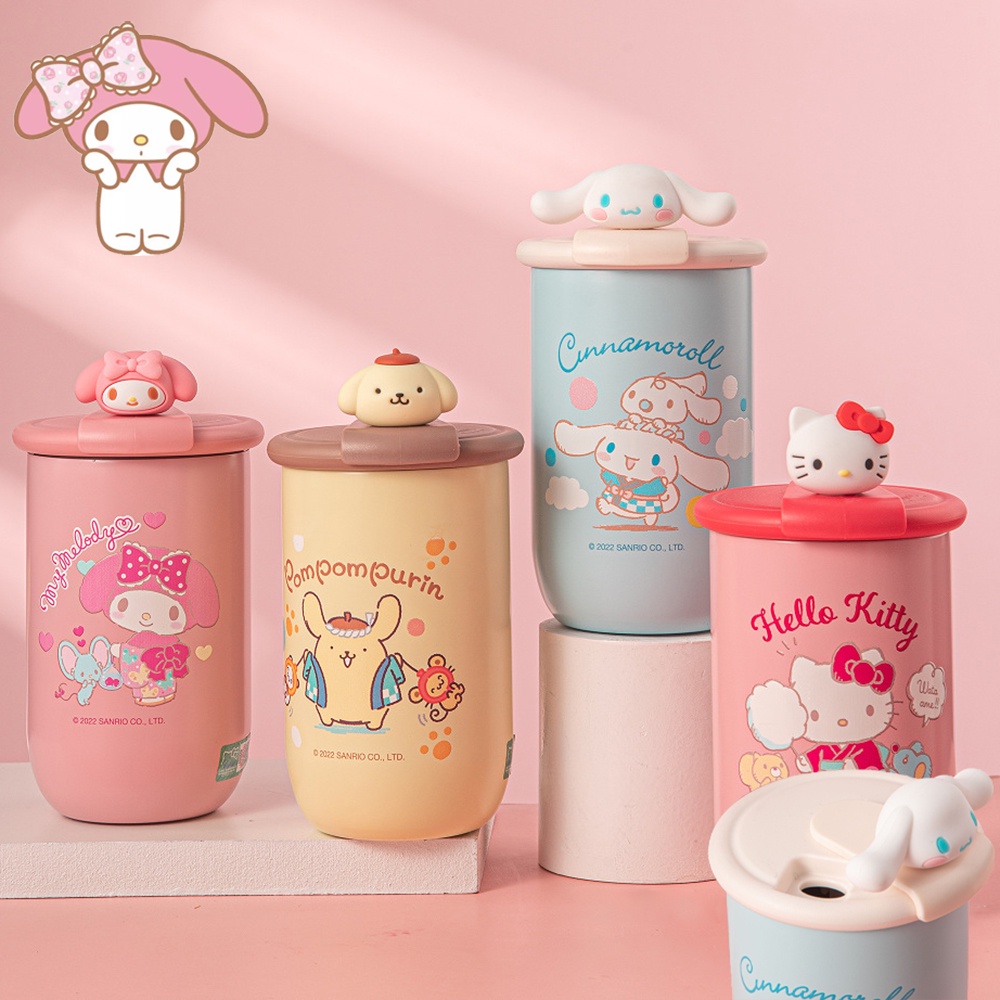 แก้วกระติกน้ําร้อน สเตนเลส ลายการ์ตูน Kawaii Sanrios Mymelody Cinnamoroll Kuromi ขนาด 380 มล. พร้อมฝาปิดหมุนได้