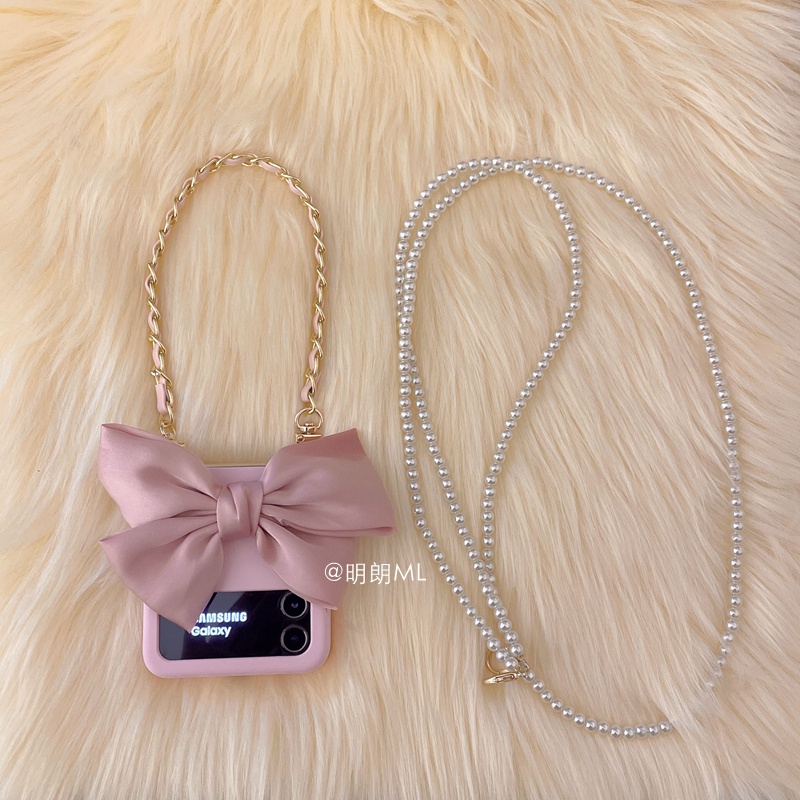 Samsung Galaxy Z Flip 8 7 FE 6 5 4 3 zflip7 zflip8 5G เคสโทรศัพท์มือถือแฟชั่นน่ารักสร้อยข้อมือโบว์ผ้าไหมโซ่มือCrossbodyสายยาวสายมุกฝาครอบป้องกัน