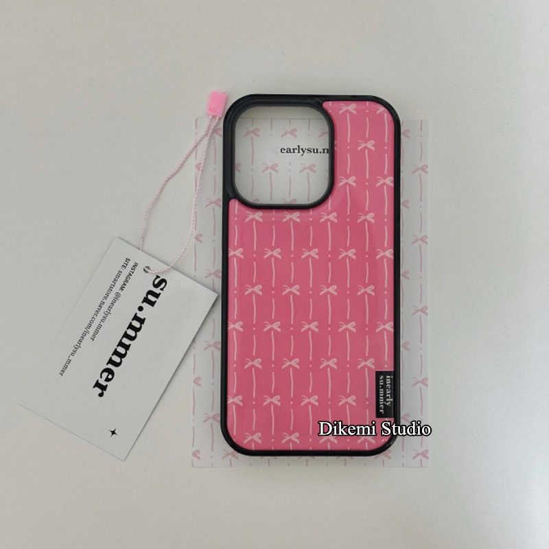 เกาหลีinsโบว์สีชมพูนุ่มกรอบสีดําเคสโทรศัพท์สําหรับiphone 16/15pro/13pro/14promax/13promax/12/11/xsmax/Xrโทรศัพท์มือถือป้องกันกรณี