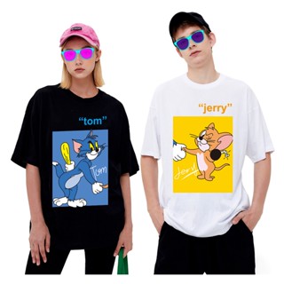 Tom and Jerry เสื้อ ทอมแอนด์เจอร์รี cotton พิมพ์ลายการ์ตูน แขนสั้นคอกลม ทรงหลวม เสื้อยืดผู้หญิงผู้ชาย แฟชั่นคู่รัก