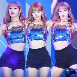 Lisa เต้นกับกางเกง black pink เกิร์ลเกาหลี เต้นอย่างปลอดภัย เอวสูง กางเกงขาสั้นสีดํา