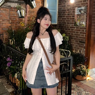 Plus size เสื้อผ้าสาวอวบ❤ ไซส์ใหญ่ ผู้หญิง เสื้อปาดไหล่ ทรงหลวม แขนยาว สีพื้น ฤดูร้อน สไตล์เกาหลีแฟชั่น