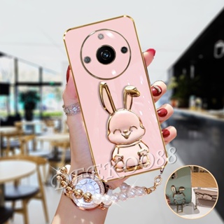 เคสโทรศัพท์มือถือนิ่ม ลายการ์ตูนกระต่ายน่ารัก 3D พร้อมขาตั้ง และสายคล้องมือ สําหรับ Realme 11 Pro+ Plus 5G C53 NFC GT NEO5 SE 4G Realme11 11Pro Realme11Pro+