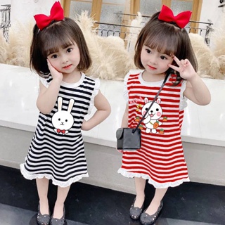 100% Cotton Western Style Childrens Cartoon round Neck 2023 Girls Summer Vest Dress Striped New Sleeveless T-shirt Fashion BgHm