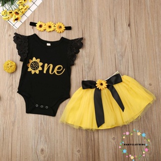 Babyclothes- ชุดรอมเปอร์ ผ้าตาข่าย พิมพ์ลายตัวอักษร และดอกทานตะวัน พร้อมที่คาดผม สําหรับเด็กผู้หญิง 3 ชิ้น