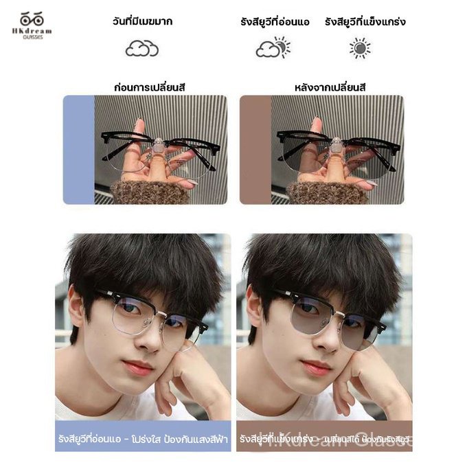 แว่นตาแฟชั่น เลนส์ออโต้ กรองแสงสีฟ้า เปลี่ยนสีตามแสงแดด เลนส์สายตาสั้น แว่นกรองแสงอัตโนมัติ