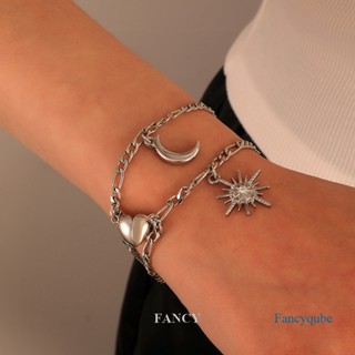 Fancy สร้อยข้อมือโซ่แม่เหล็ก จี้รูปดวงจันทร์ หัวใจ สร้างสรรค์ แฟชั่นสําหรับผู้ชาย และผู้หญิง 2 ชิ้น ต่อคู่